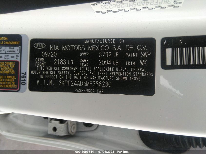 2021 KIA FORTE LXS - 3KPF24AD5ME286230