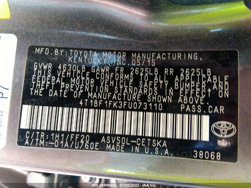 2015 TOYOTA CAMRY XLE/SE/LE/XSE - 4T1BF1FK3FU073110