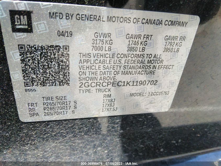 2019 CHEVROLET SILVERADO 1500 LD LT 2GCRCPEC1K1190702