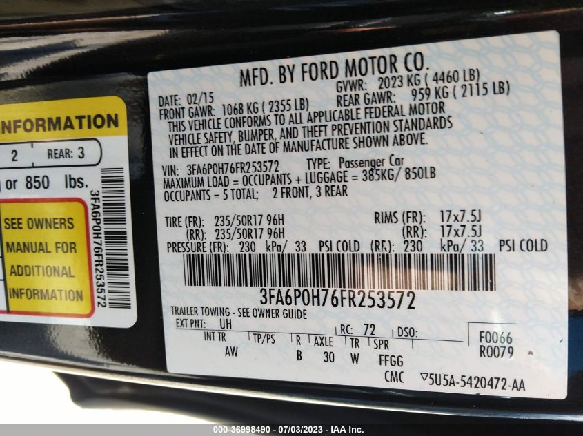 2015 FORD FUSION SE - 3FA6P0H76FR253572