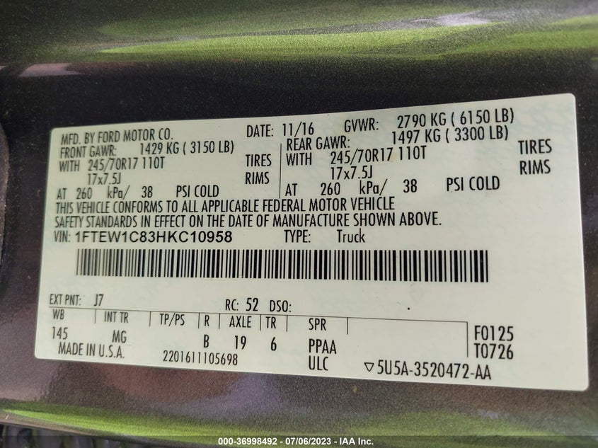 VIN 1FTEW1C83HKC10958 2017 FORD F-150 XL/XLT