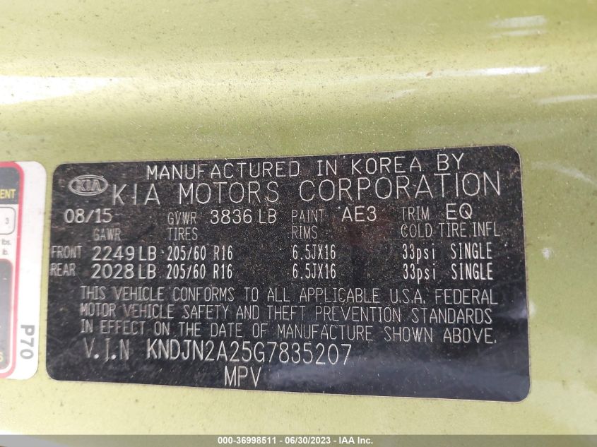 VIN KNDJN2A25G7835207 2016 KIA SOUL no.9