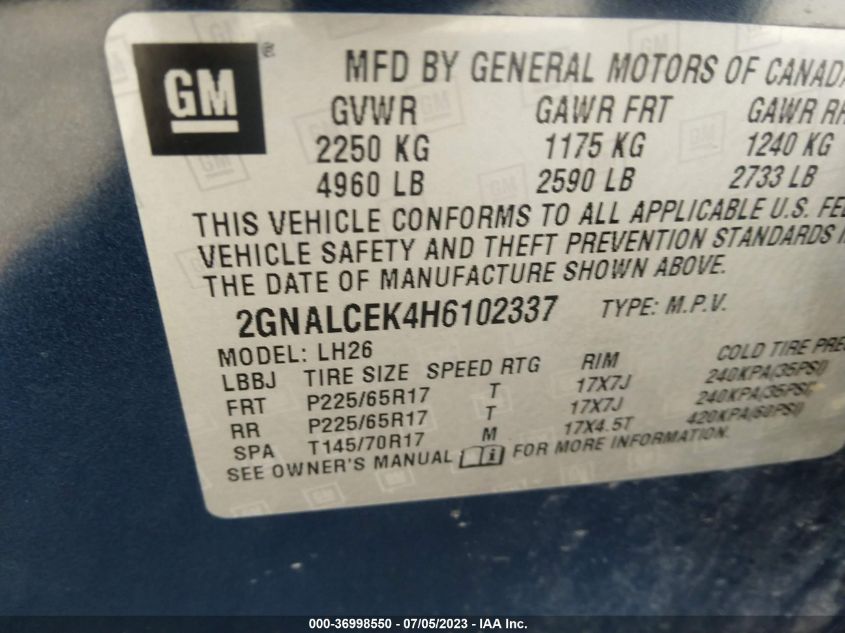 2017 CHEVROLET EQUINOX LT - 2GNALCEK4H6102337