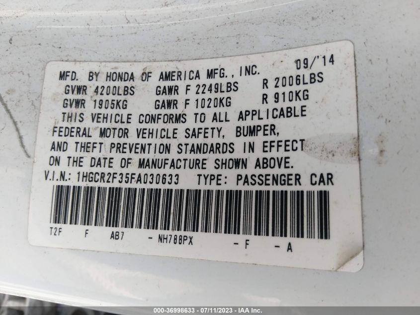 2015 HONDA ACCORD SEDAN LX - 1HGCR2F35FA030633