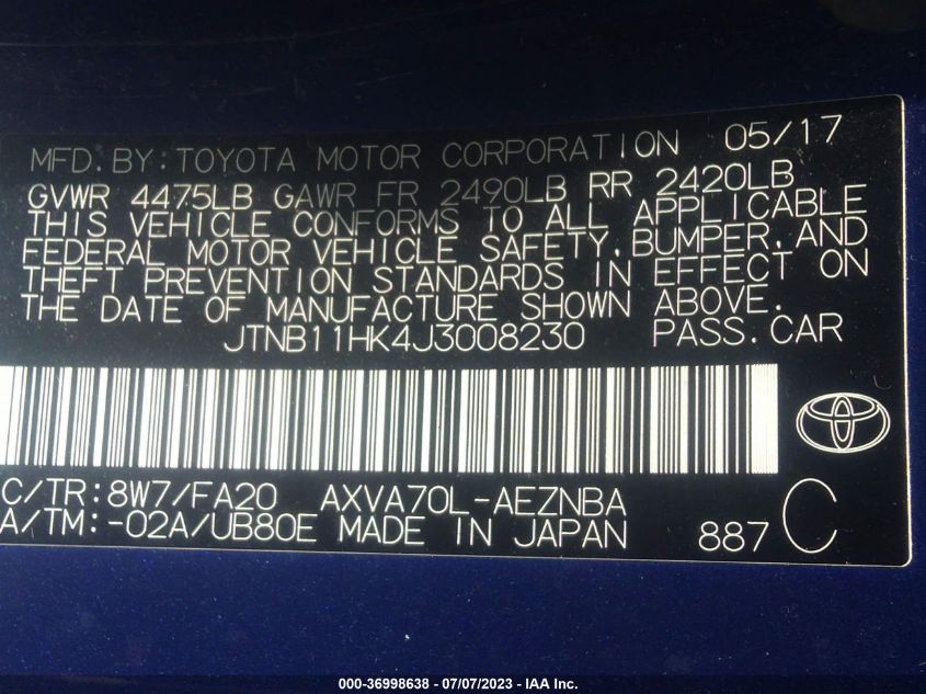2018 TOYOTA CAMRY L/LE/XLE/SE/XSE - JTNB11HK4J3008230