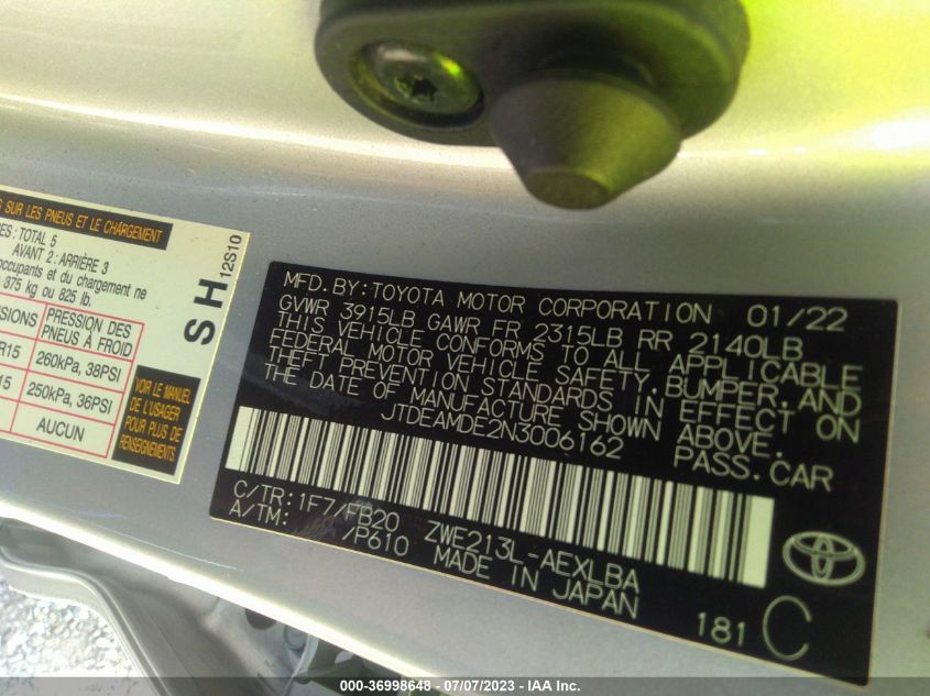 2022 TOYOTA COROLLA HYBRID LE - JTDEAMDE2N3006162
