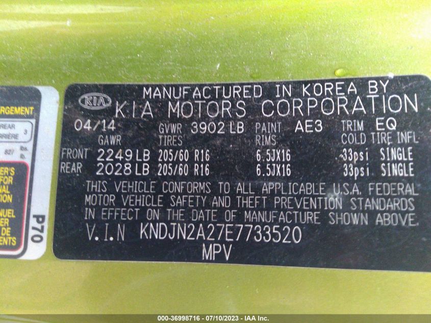 2014 KIA SOUL BASE - KNDJN2A27E7733520