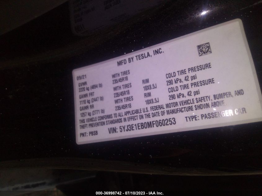 2021 TESLA MODEL 3 LONG RANGE - 5YJ3E1EB0MF060253