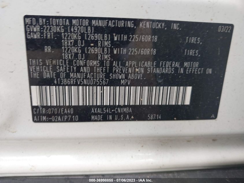 2022 TOYOTA RAV4 HYBRID XLE PREMIUM - 4T3B6RFV5NU075567