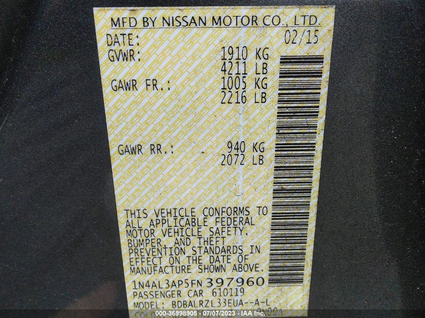 2015 NISSAN ALTIMA 2.5 SL - 1N4AL3AP5FN397960