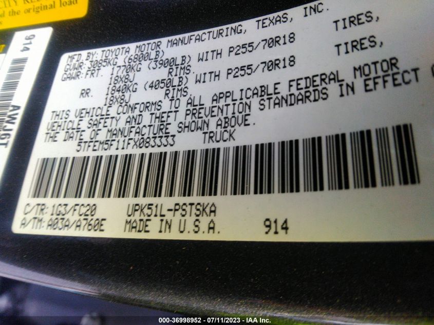 2015 TOYOTA TUNDRA 2WD TRUCK SR5 - 5TFEM5F11FX083333