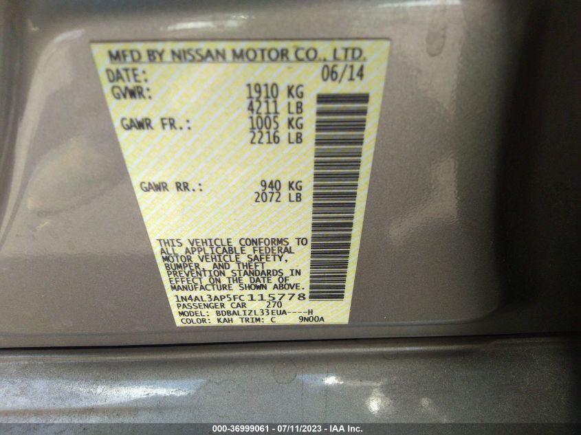 2015 NISSAN ALTIMA 2.5 SV - 1N4AL3AP5FC115778
