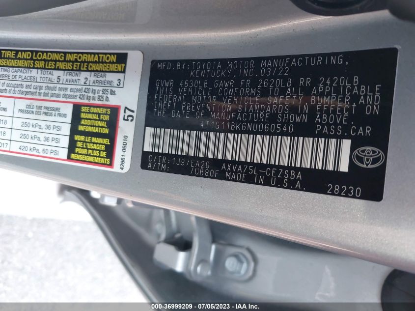 2022 TOYOTA CAMRY SE - 4T1G11BK6NU060540