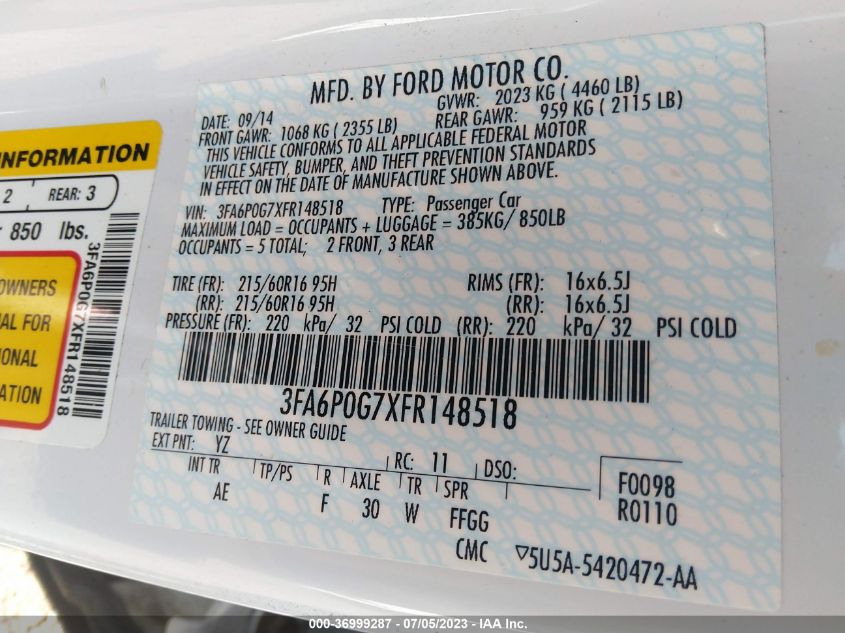 2015 FORD FUSION S - 3FA6P0G7XFR148518