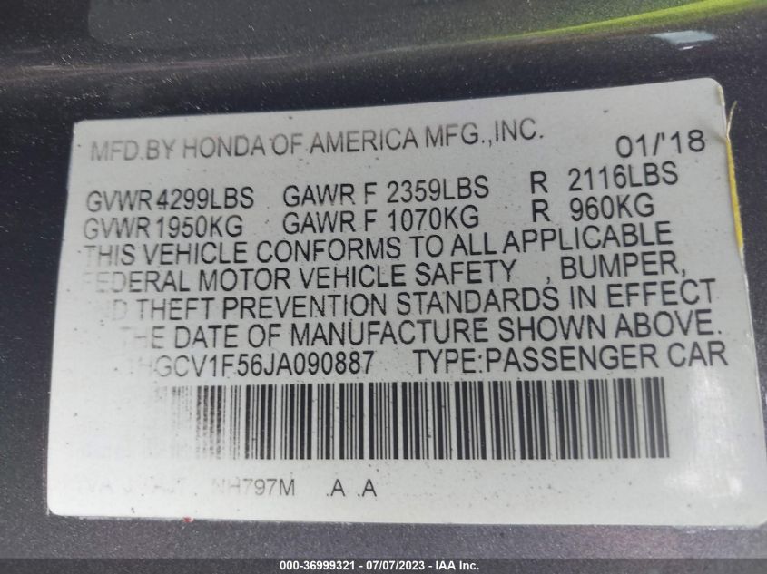 2018 HONDA ACCORD SEDAN EX-L 1.5T - 1HGCV1F56JA090887