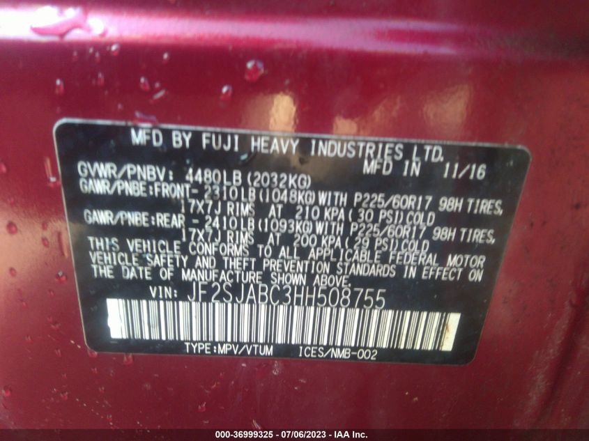 2017 SUBARU FORESTER - JF2SJABC3HH508755