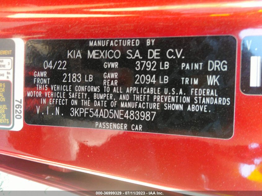 2022 KIA FORTE GT-LINE - 3KPF54AD5NE483987