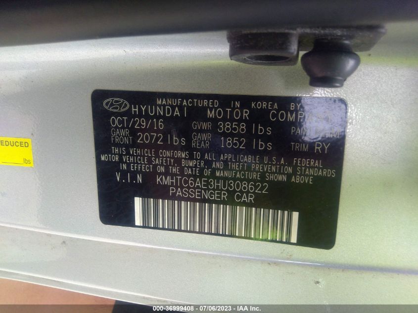 2017 HYUNDAI VELOSTER TURBO - KMHTC6AE3HU308622