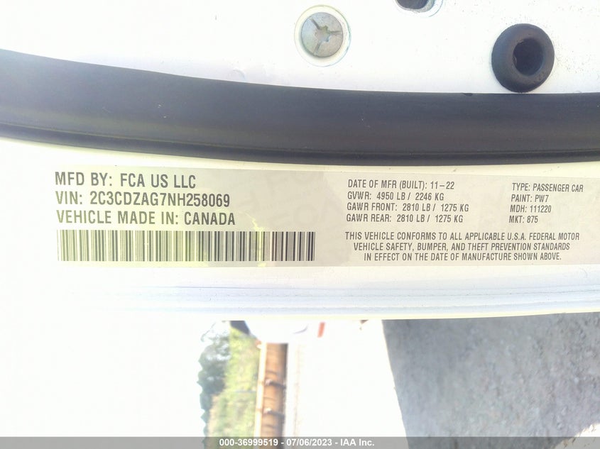 VIN 2C3CDZAG7NH258069 2022 DODGE CHALLENGER SXT