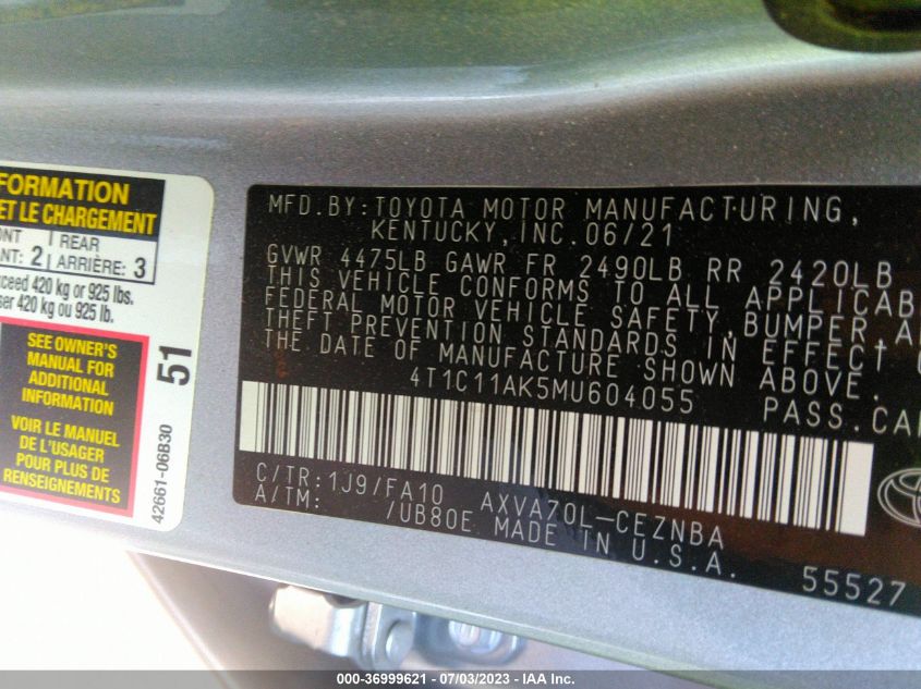 2021 TOYOTA CAMRY LE - 4T1C11AK5MU604055