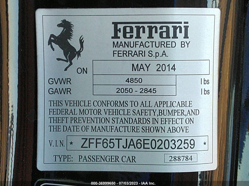 2014 FERRARI CALIFORNIA ZFF65TJA6E0203259