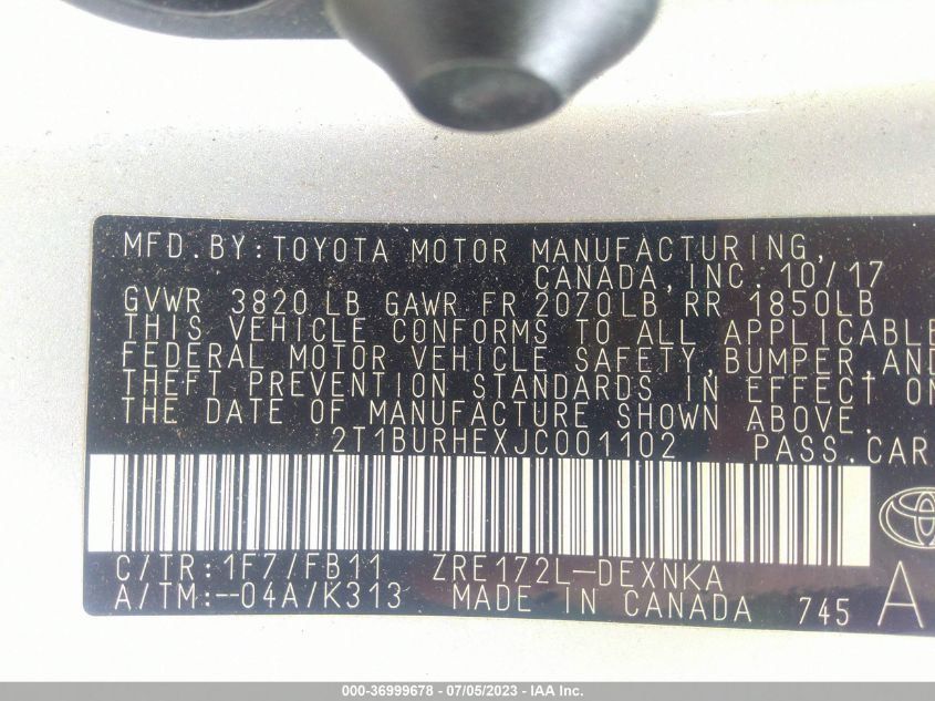 2018 TOYOTA COROLLA L/LE/XLE/SE/XSE - 2T1BURHEXJC001102