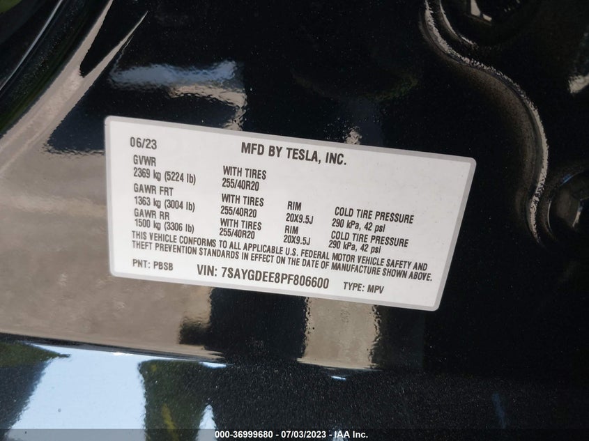 VIN 7SAYGDEE8PF806600 2023 TESLA MODEL Y LONG RANGE