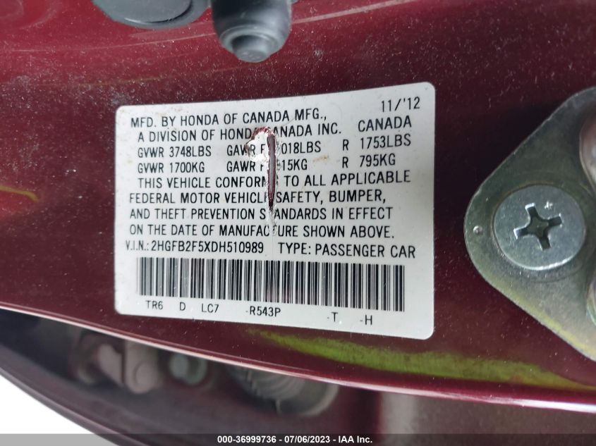 2013 HONDA CIVIC SDN LX - 2HGFB2F5XDH510989