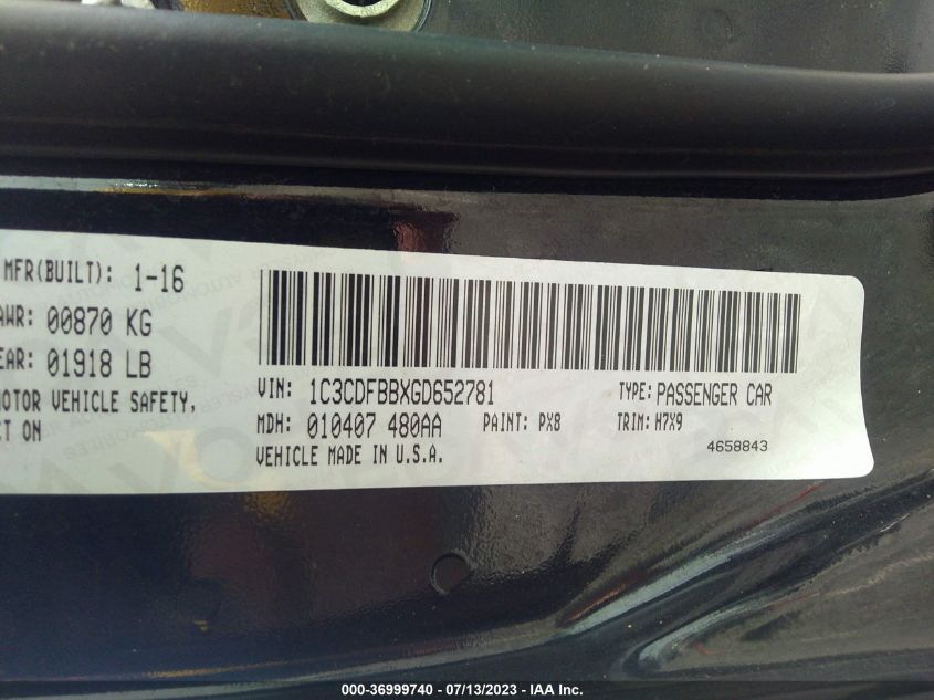 2016 DODGE DART SXT - 1C3CDFBBXGD652781