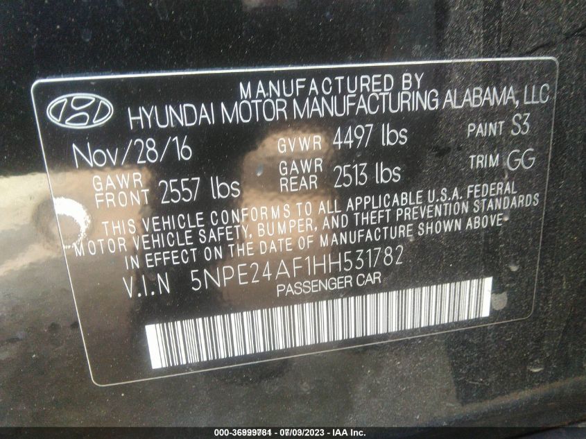 2017 HYUNDAI SONATA 2.4L - 5NPE24AF1HH531782