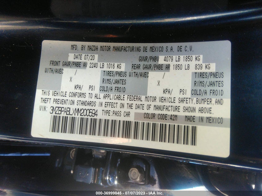 VIN 3MZBPABLXMM200594 2021 MAZDA MAZDA3 SEDAN SELECT