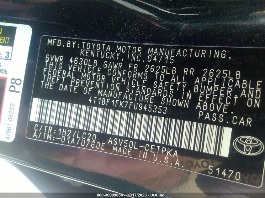 2015 TOYOTA CAMRY XLE/SE/LE/XSE - 4T1BF1FK7FU945353