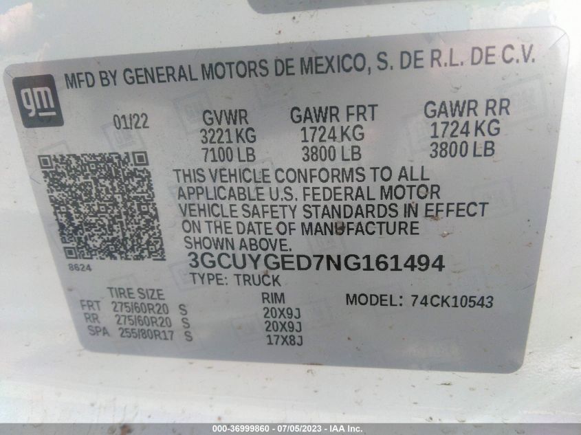 2022 CHEVROLET SILVERADO 1500 LTD LTZ 3GCUYGED7NG161494