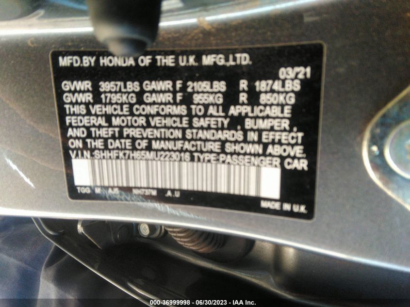 2021 HONDA CIVIC HATCHBACK EX - SHHFK7H65MU223016
