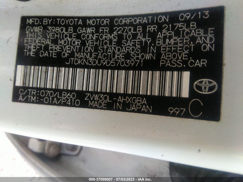 2013 TOYOTA PRIUS ONE/TWO/THREE/FOUR/FIVE - JTDKN3DU9D5703971