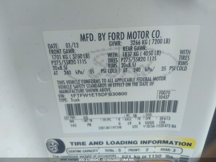 2013 FORD F-150 XL/XLT/FX4/LARIAT - 1FTFW1ET5DFB30800