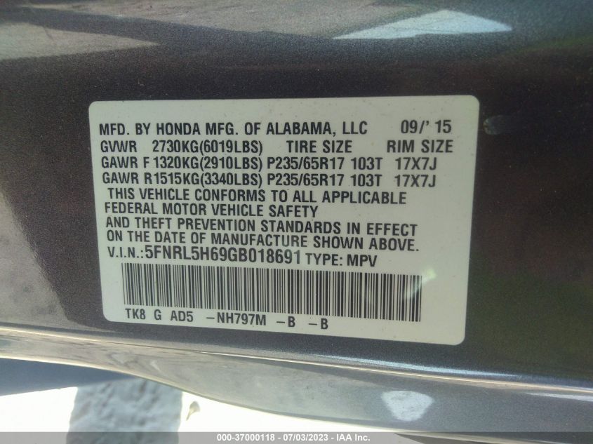 2016 HONDA ODYSSEY EX-L - 5FNRL5H69GB018691