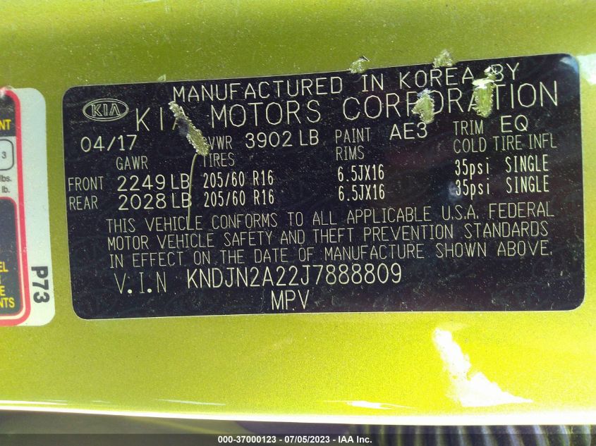 2018 KIA SOUL BASE - KNDJN2A22J7888809