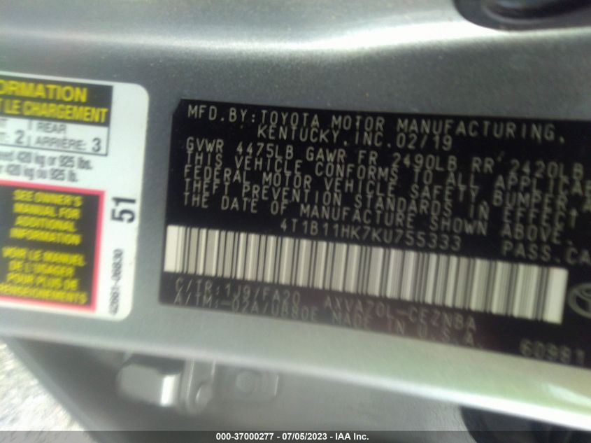 2019 TOYOTA CAMRY LE/SE/XLE/L - 4T1B11HK7KU755333