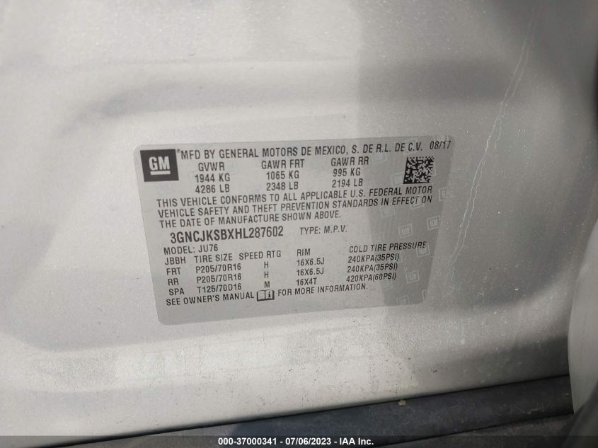 2017 CHEVROLET TRAX LS - 3GNCJKSBXHL287602