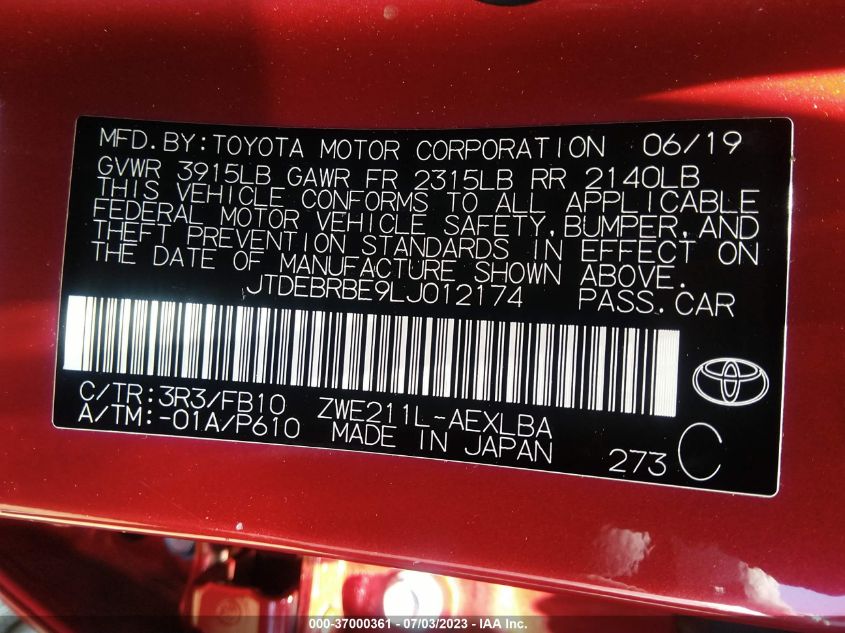 2020 TOYOTA COROLLA HYBRID LE - JTDEBRBE9LJ012174