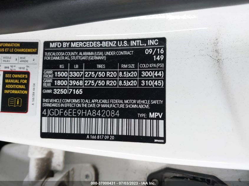 2017 MERCEDES-BENZ GLS 450 4JGDF6EE9HA842084