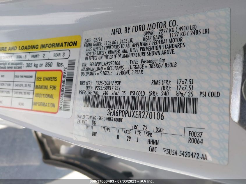 2014 FORD FUSION ENERGI SE LUXURY - 3FA6P0PUXER270106
