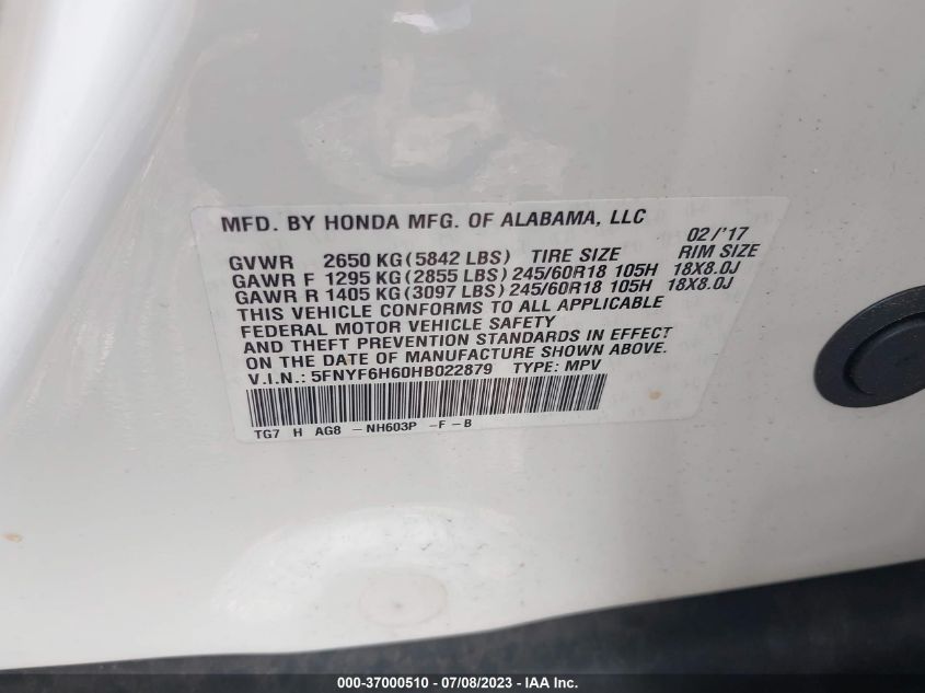 2017 HONDA PILOT EX-L - 5FNYF6H60HB022879