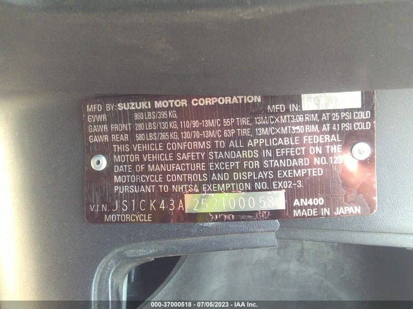 2005 SUZUKI AN400 K3 JS1CK43A252100058