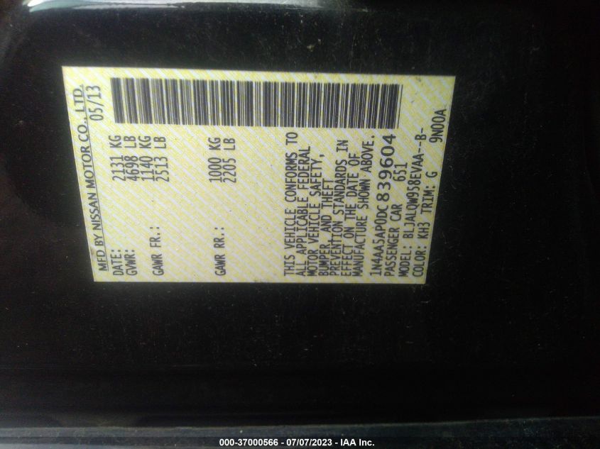 2013 NISSAN MAXIMA S/SV - 1N4AA5A9ODC839604