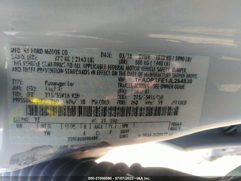 2018 FORD FOCUS SE - 1FADP3FE1JL284830