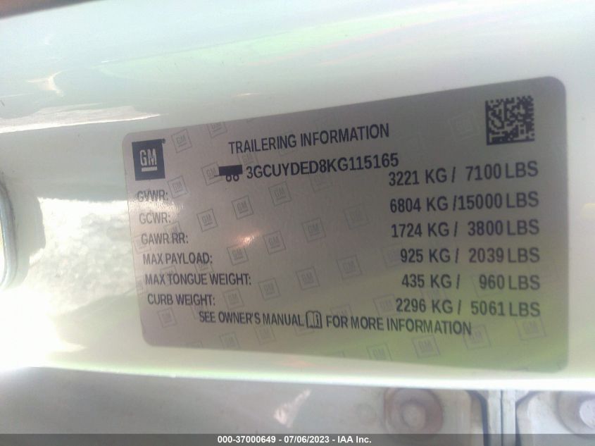 2019 CHEVROLET SILVERADO 1500 LT - 3GCUYDED8KG115165