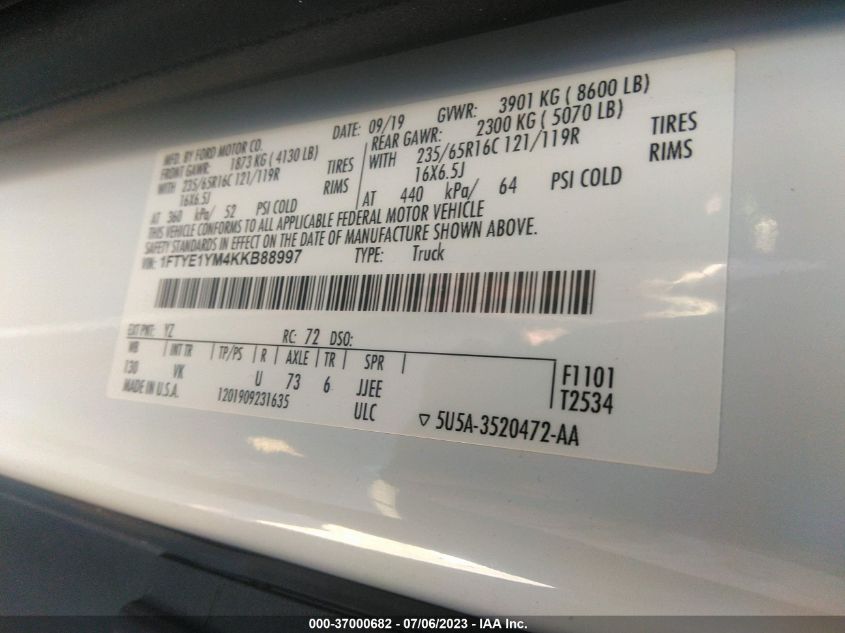 2019 FORD TRANSIT VAN - 1FTYE1YM4KKB88997