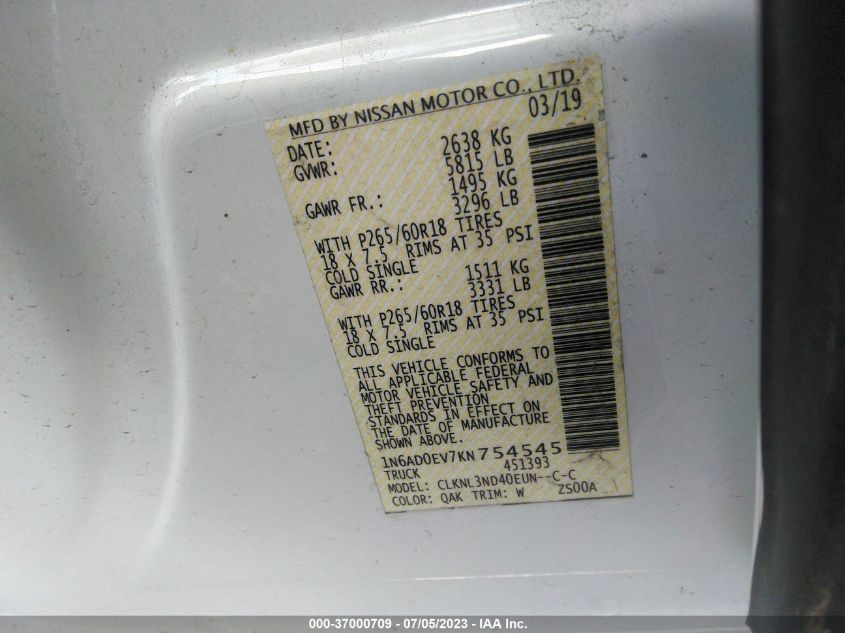2019 NISSAN FRONTIER SL - 1N6AD0EV7KN754545